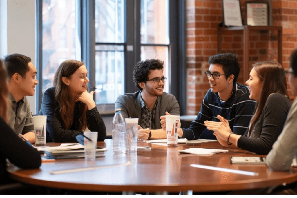 AI generated image of 7 young people sat around a round table.